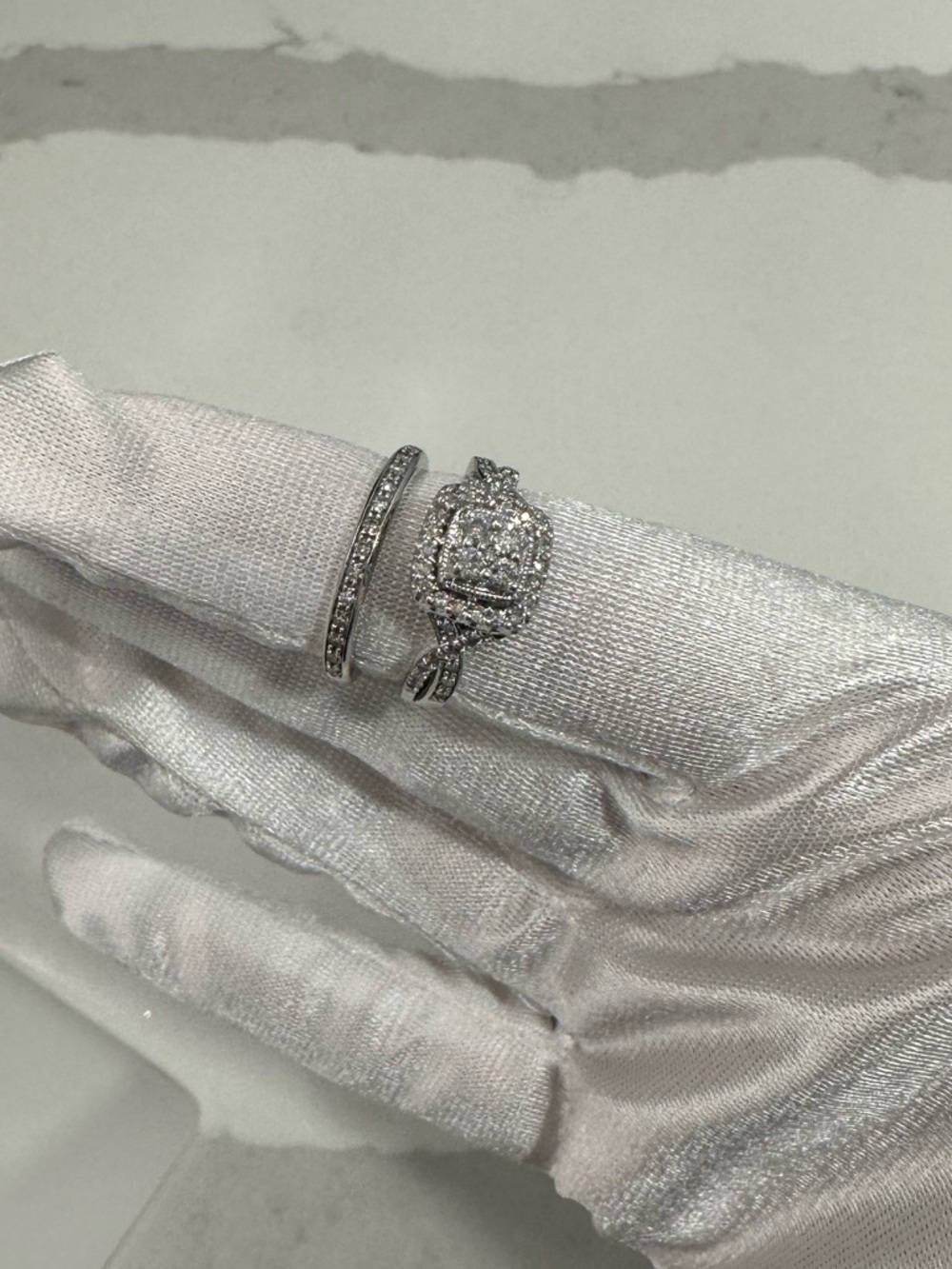 Simple Vera Wang Diamond Halo Engagement Ring with Matching Band 14k White gold